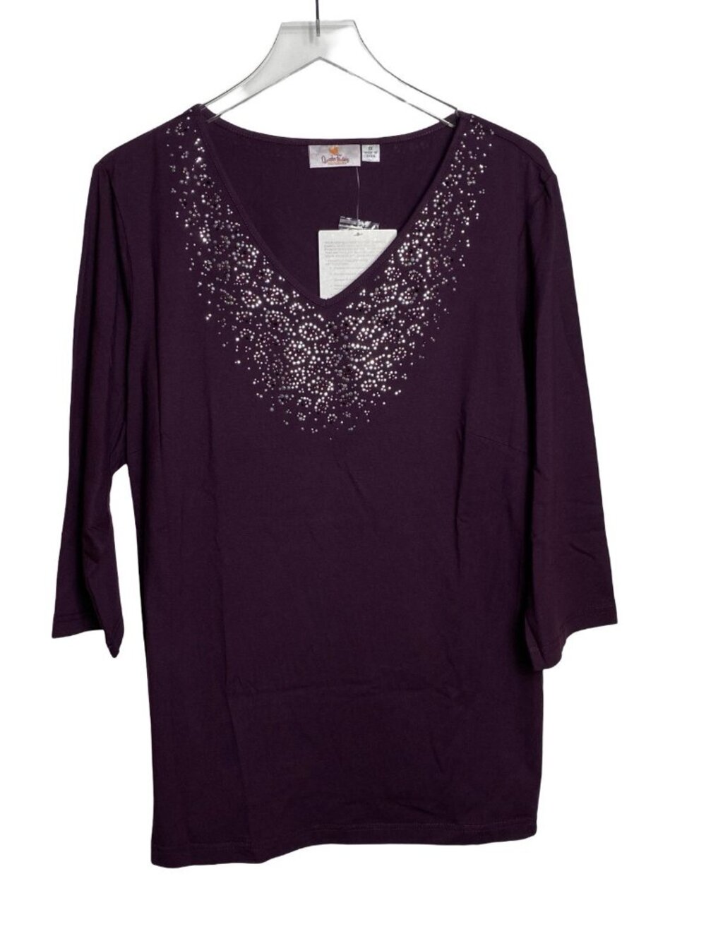 Quacker Factory 1X Dark Purple Stretch Tunic Top Rhinestone Embellished NEW